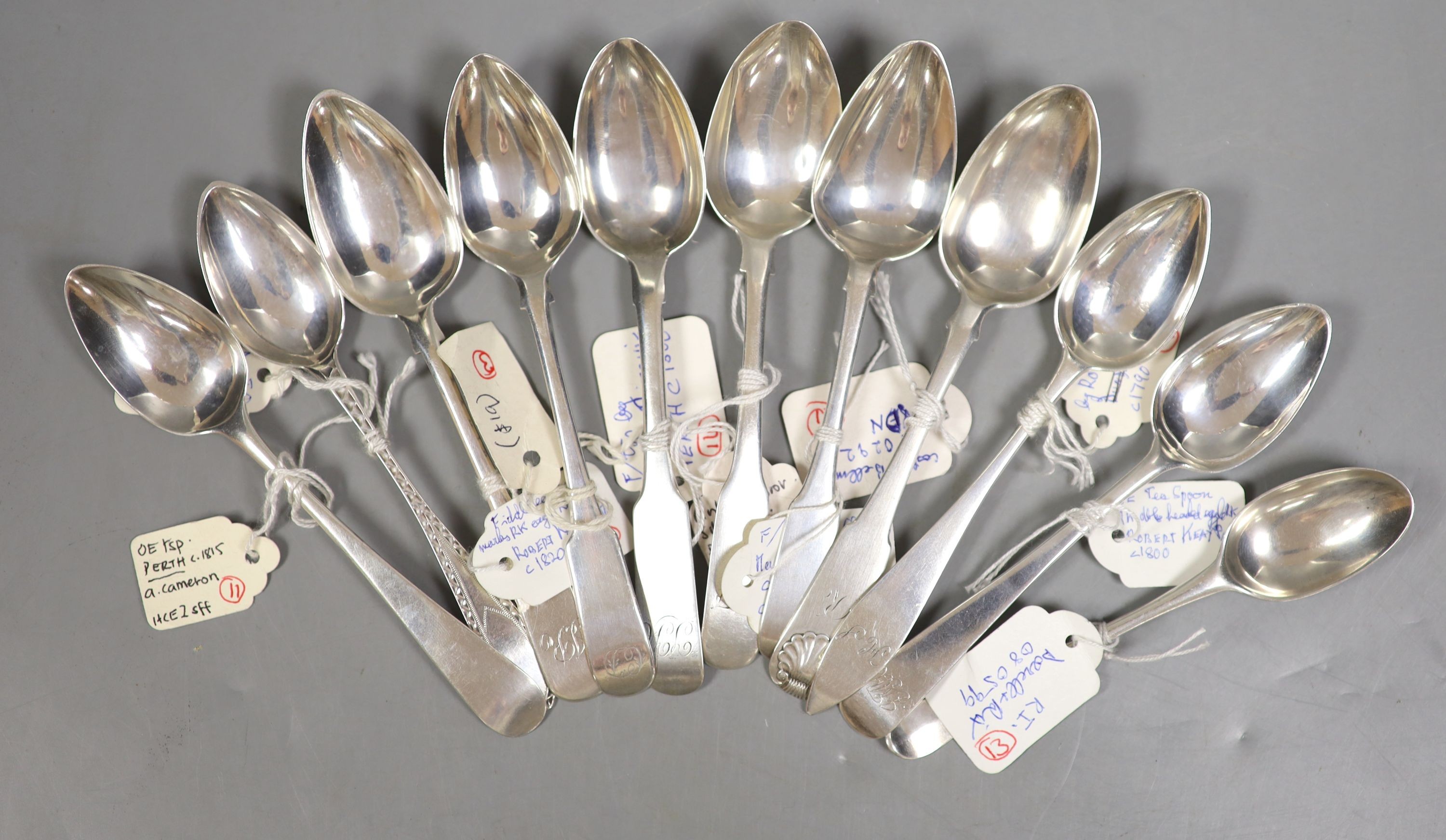 A collection of eleven 18th & 19th century Scottish provincial silver teaspoons, Robert Keay, Perth(3), William Ritchie Perth(3), Robert MacGregor, Perth(1) and four other Perth? teaspoons, (possibly James Cornfute, R...